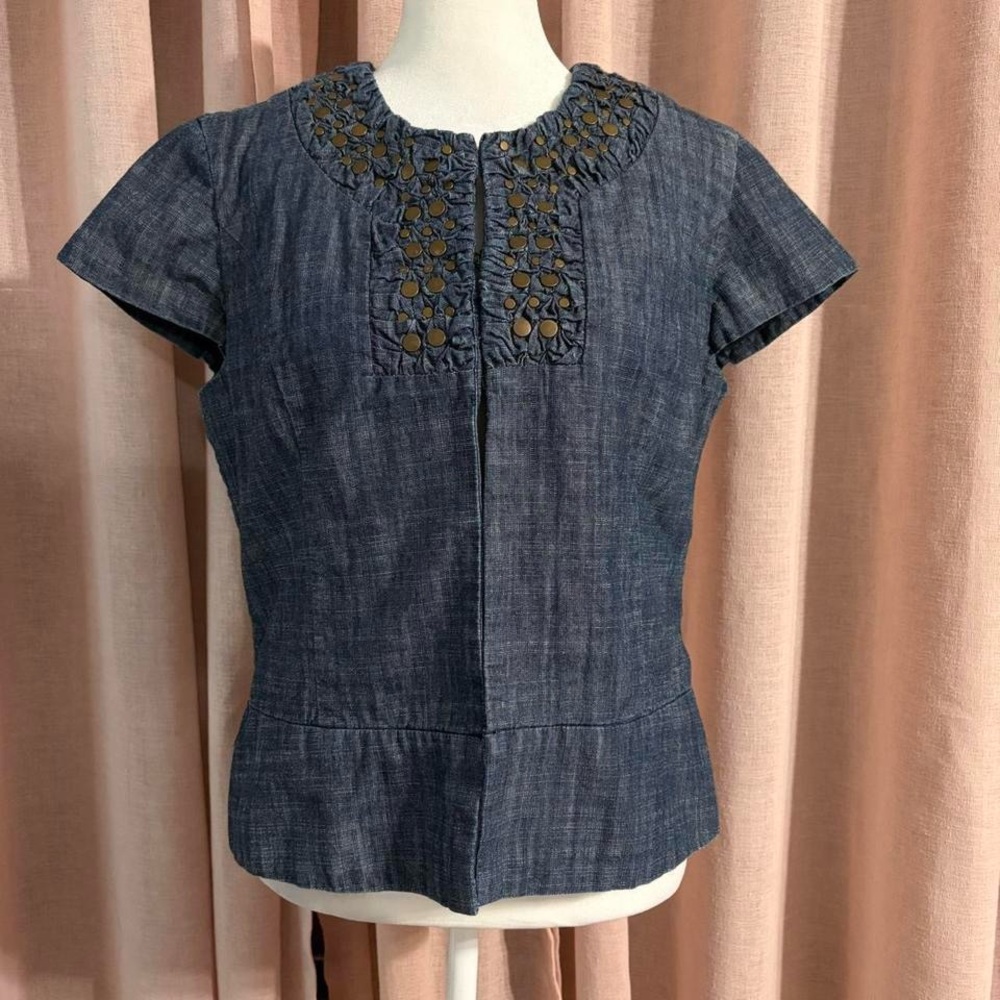 Coldwater Creek Y2k Studded Denim Chambray Blouse Sz 6 Petite